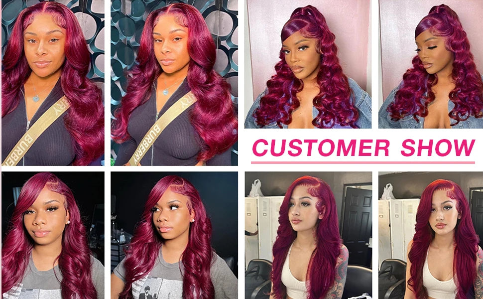 40 42 Inch 99J Burgundy Hd Lace Frontal Wig 13X6 200 Density Brazilian Body Wave Human Hair Wig Red Colored Hd Lace Front Wigs