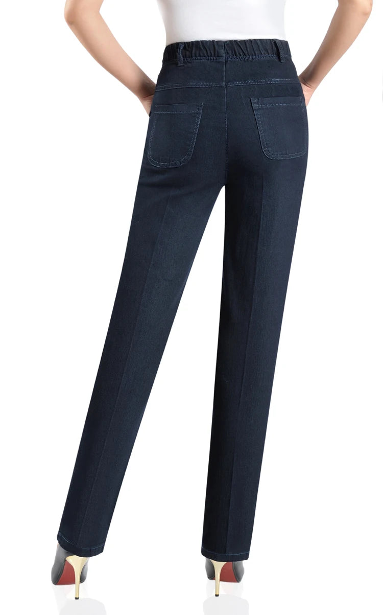 Middle-aged Mother Jeans 2025 Autumn Loose High waist Black Stretch Straight leg pants Pocket Embroidery Casual Denim Trousers