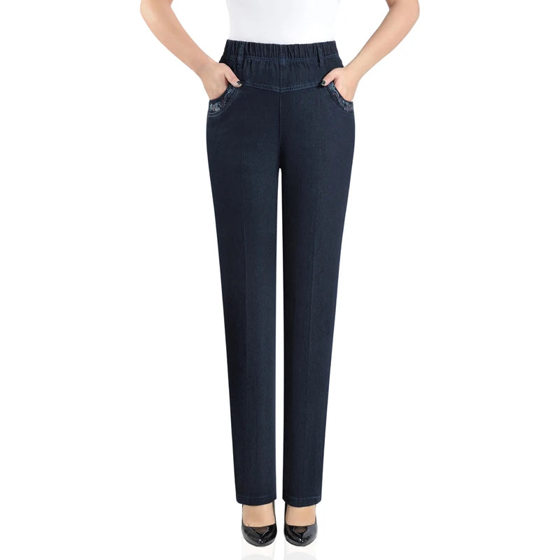 Middle-aged Mother Jeans 2025 Autumn Loose High waist Black Stretch Straight leg pants Pocket Embroidery Casual Denim Trousers