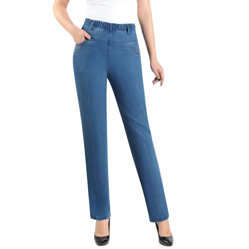 Middle-aged Mother Jeans 2025 Autumn Loose High waist Black Stretch Straight leg pants Pocket Embroidery Casual Denim Trousers