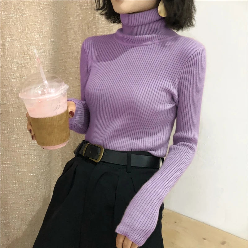 Women's Slim Fit Turtleneck Sweater Style High Stretch Cotton Acrylic Pullover Knitted Jumper Casual Autumn Winter