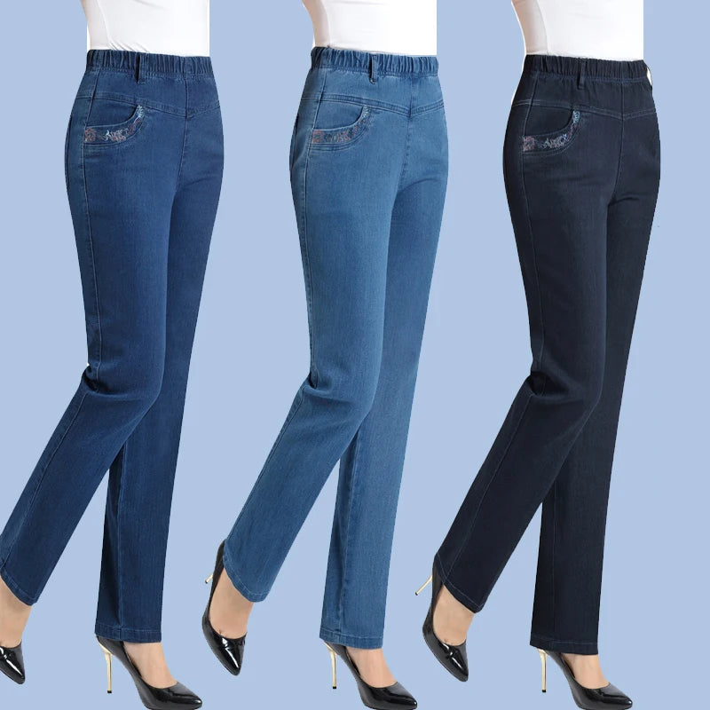 Middle-aged Mother Jeans 2025 Autumn Loose High waist Black Stretch Straight leg pants Pocket Embroidery Casual Denim Trousers