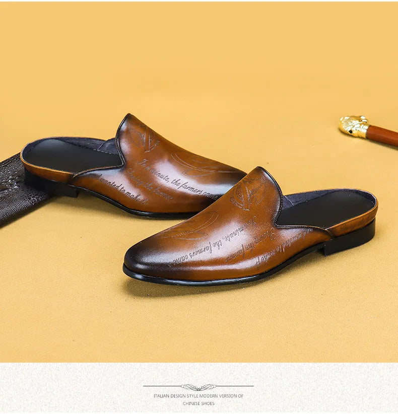 Italian Luxury Men's Slippers Genuine Leather Loafers Men Moccasins Casual Non-slip Man Shoes Summer Fashion Half Shoes For Men