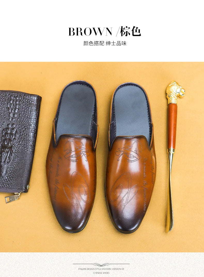 Italian Luxury Men's Slippers Genuine Leather Loafers Men Moccasins Casual Non-slip Man Shoes Summer Fashion Half Shoes For Men