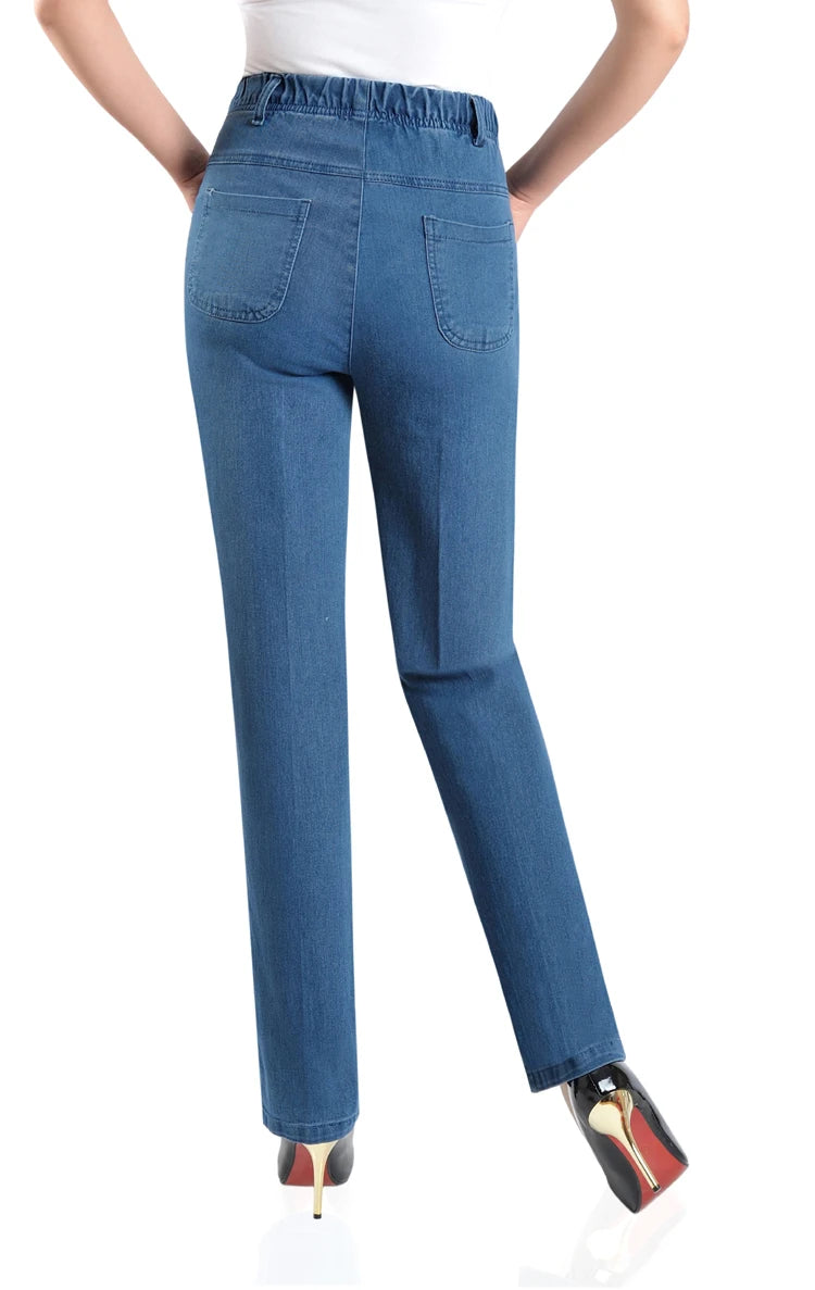Middle-aged Mother Jeans 2025 Autumn Loose High waist Black Stretch Straight leg pants Pocket Embroidery Casual Denim Trousers