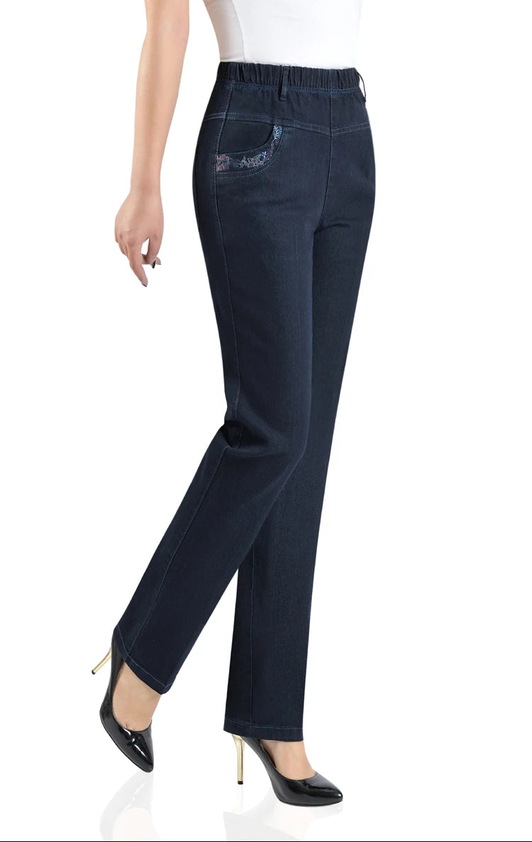 Middle-aged Mother Jeans 2025 Autumn Loose High waist Black Stretch Straight leg pants Pocket Embroidery Casual Denim Trousers