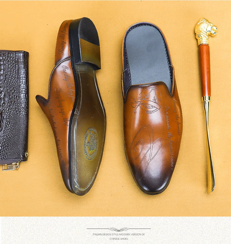 Italian Luxury Men's Slippers Genuine Leather Loafers Men Moccasins Casual Non-slip Man Shoes Summer Fashion Half Shoes For Men