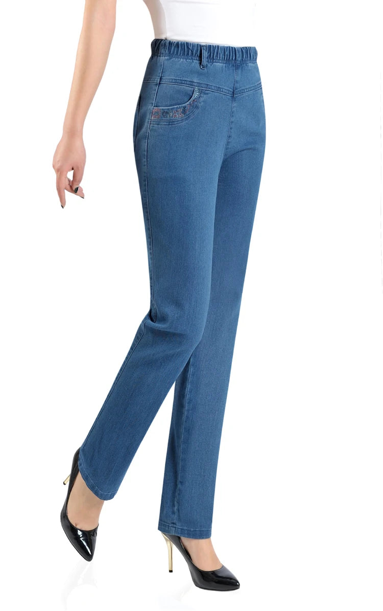 Middle-aged Mother Jeans 2025 Autumn Loose High waist Black Stretch Straight leg pants Pocket Embroidery Casual Denim Trousers