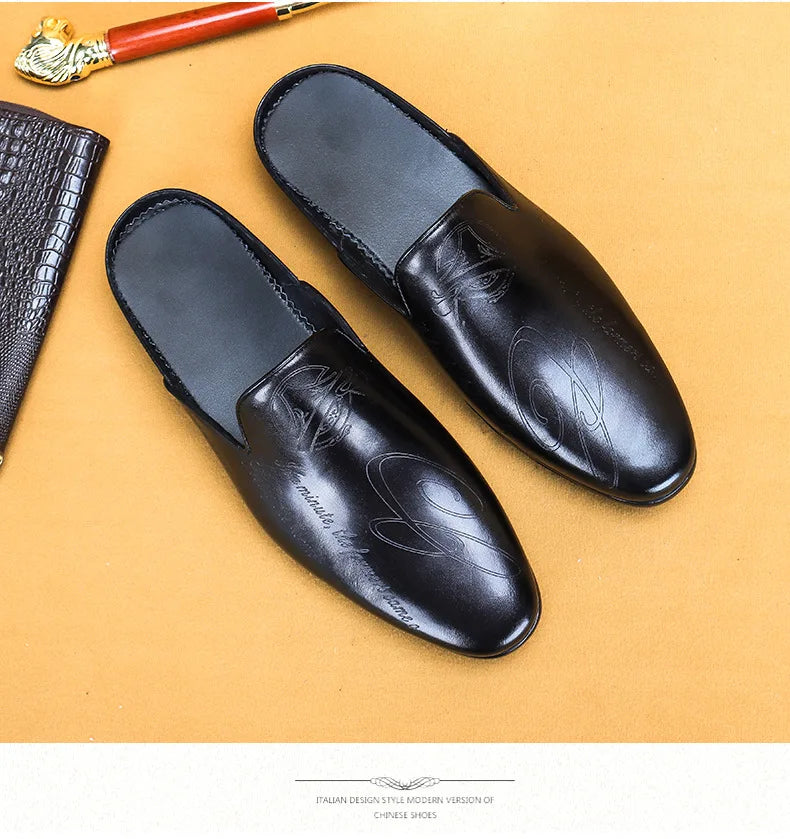 Italian Luxury Men's Slippers Genuine Leather Loafers Men Moccasins Casual Non-slip Man Shoes Summer Fashion Half Shoes For Men