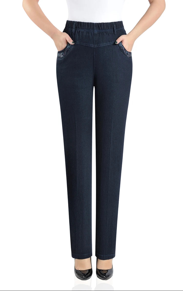 Middle-aged Mother Jeans 2025 Autumn Loose High waist Black Stretch Straight leg pants Pocket Embroidery Casual Denim Trousers