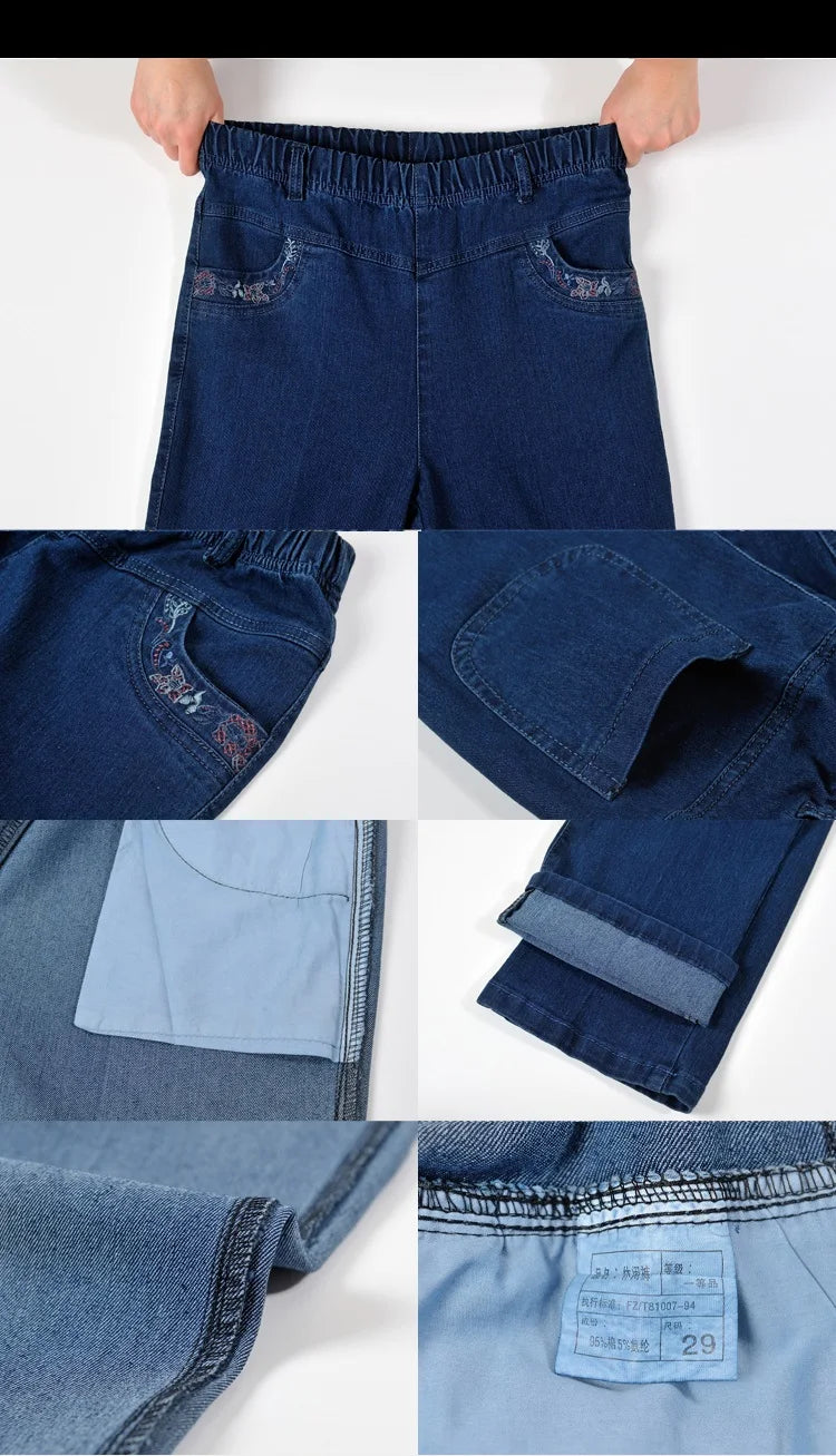 Middle-aged Mother Jeans 2025 Autumn Loose High waist Black Stretch Straight leg pants Pocket Embroidery Casual Denim Trousers