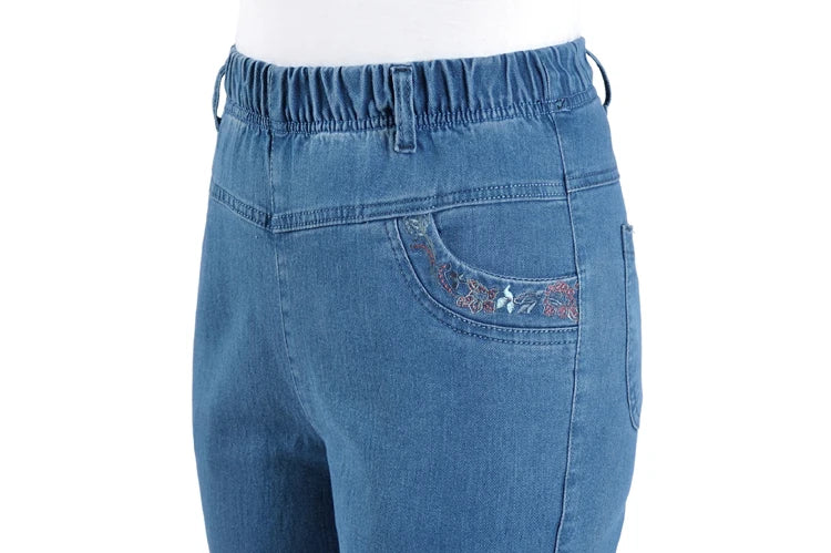 Middle-aged Mother Jeans 2025 Autumn Loose High waist Black Stretch Straight leg pants Pocket Embroidery Casual Denim Trousers