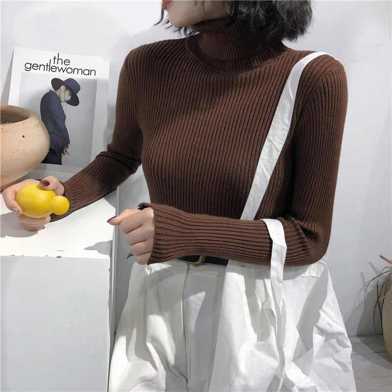 Women's Slim Fit Turtleneck Sweater Style High Stretch Cotton Acrylic Pullover Knitted Jumper Casual Autumn Winter