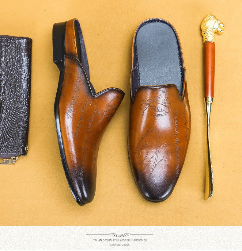 Italian Luxury Men's Slippers Genuine Leather Loafers Men Moccasins Casual Non-slip Man Shoes Summer Fashion Half Shoes For Men