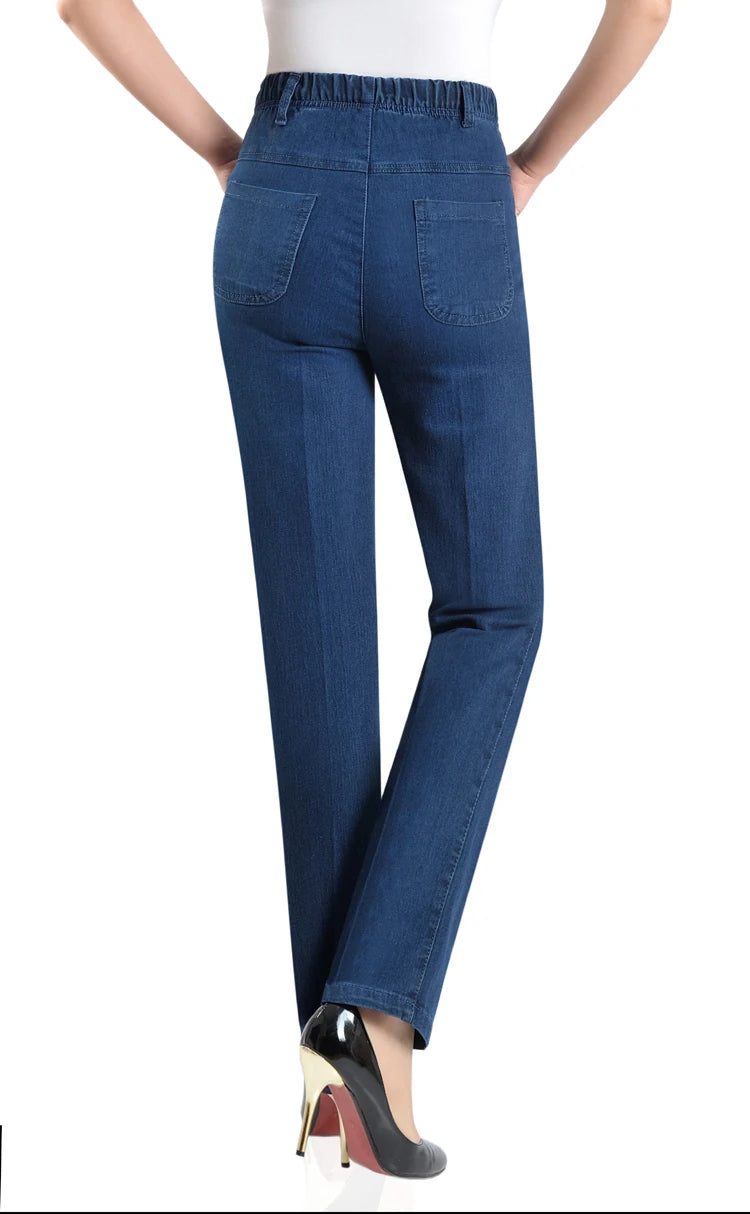 Middle-aged Mother Jeans 2025 Autumn Loose High waist Black Stretch Straight leg pants Pocket Embroidery Casual Denim Trousers