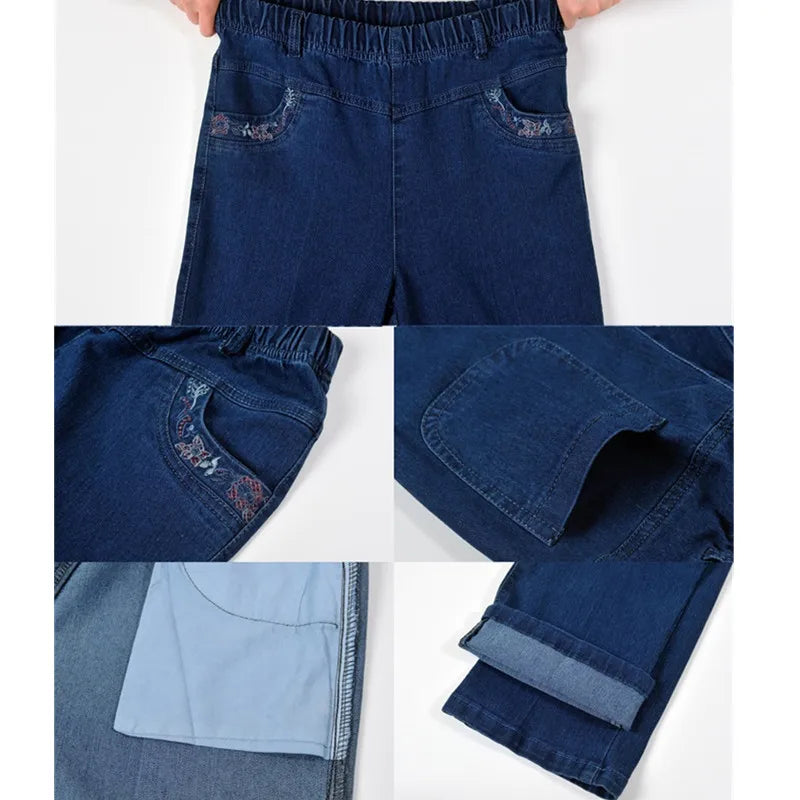 Middle-aged Mother Jeans 2025 Autumn Loose High waist Black Stretch Straight leg pants Pocket Embroidery Casual Denim Trousers