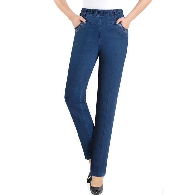 Middle-aged Mother Jeans 2025 Autumn Loose High waist Black Stretch Straight leg pants Pocket Embroidery Casual Denim Trousers