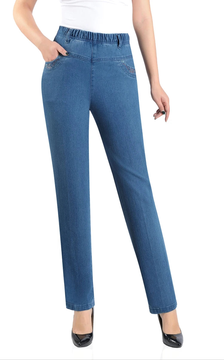 Middle-aged Mother Jeans 2025 Autumn Loose High waist Black Stretch Straight leg pants Pocket Embroidery Casual Denim Trousers
