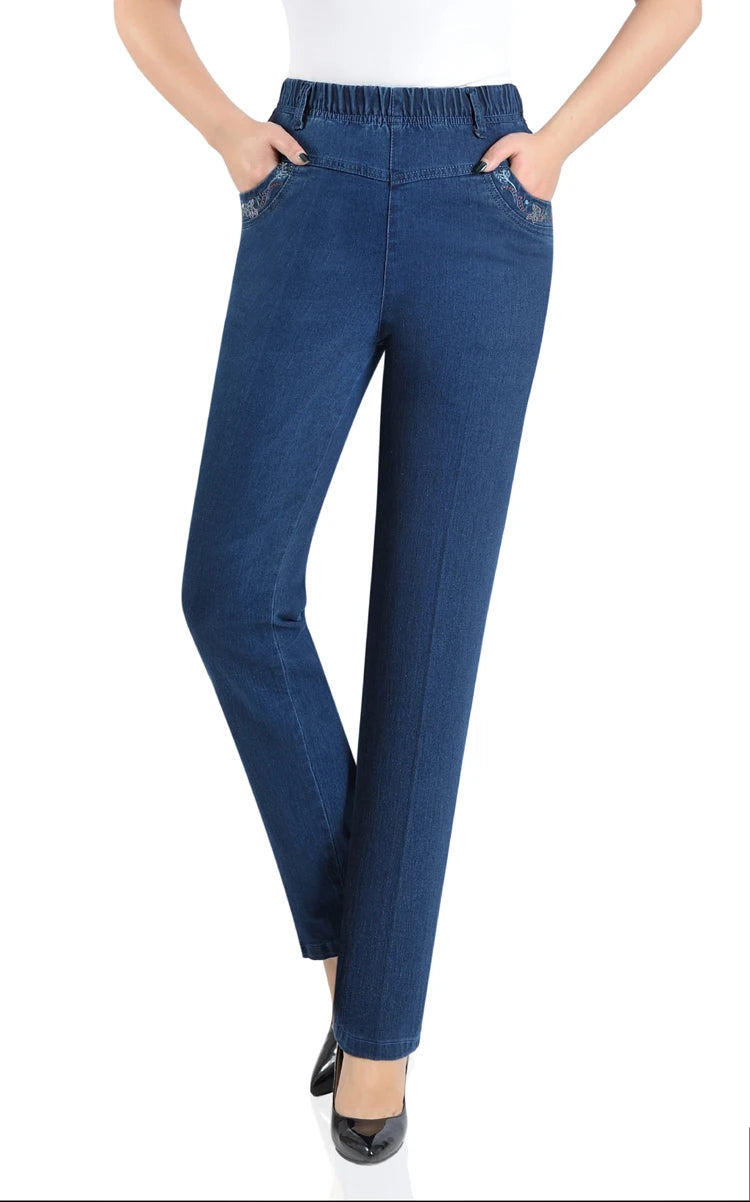 Middle-aged Mother Jeans 2025 Autumn Loose High waist Black Stretch Straight leg pants Pocket Embroidery Casual Denim Trousers