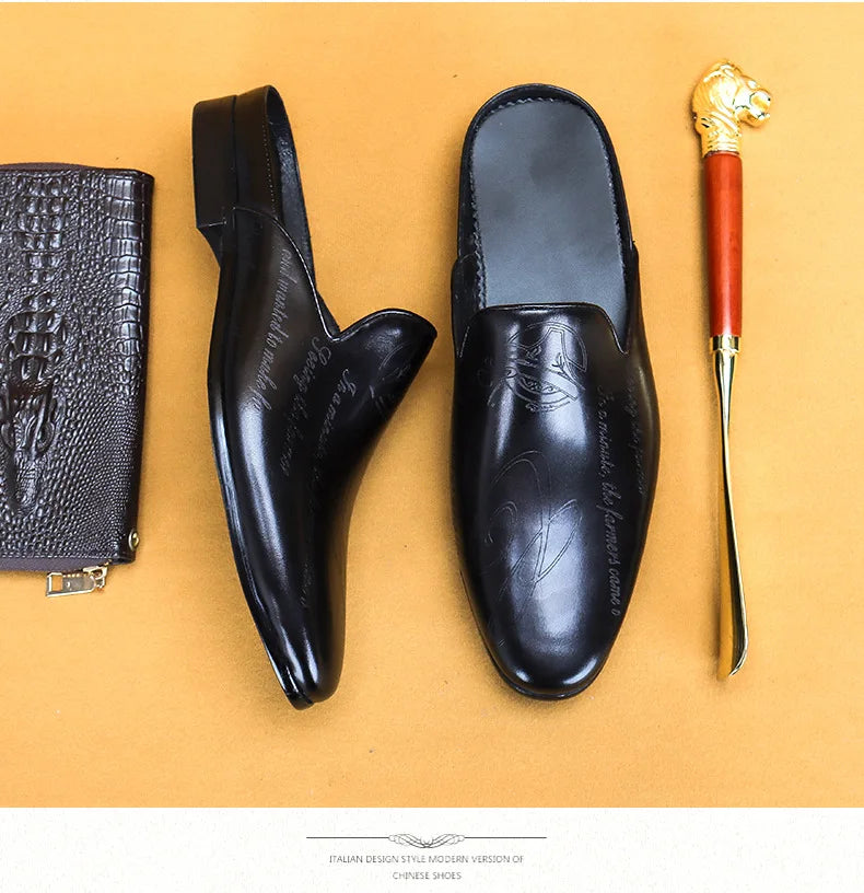 Italian Luxury Men's Slippers Genuine Leather Loafers Men Moccasins Casual Non-slip Man Shoes Summer Fashion Half Shoes For Men