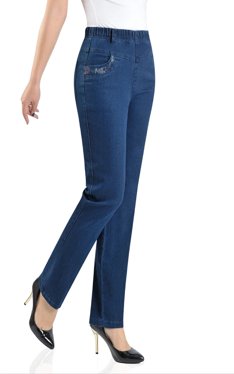 Middle-aged Mother Jeans 2025 Autumn Loose High waist Black Stretch Straight leg pants Pocket Embroidery Casual Denim Trousers