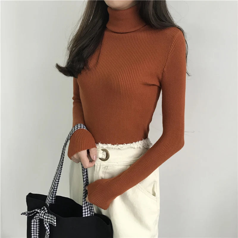 Women's Slim Fit Turtleneck Sweater Style High Stretch Cotton Acrylic Pullover Knitted Jumper Casual Autumn Winter