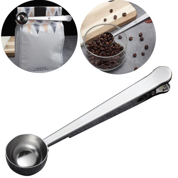 Two-in-one Durable Stainless Steel Spoon with Bag Clip Ground Tea Coffee Scoop with Portable Bag Seal Clip Powder Measuring Tool