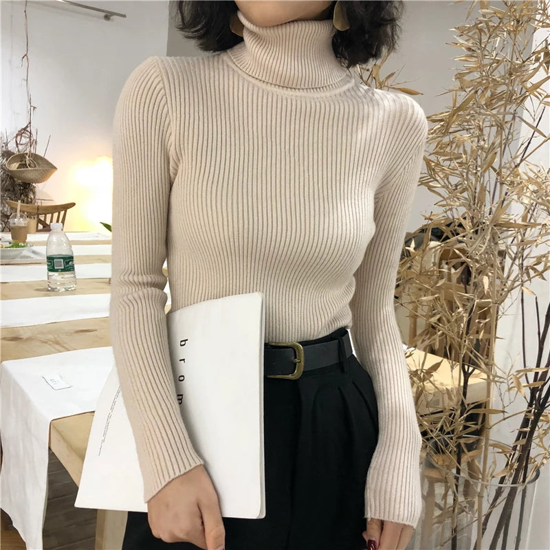 Women's Slim Fit Turtleneck Sweater Style High Stretch Cotton Acrylic Pullover Knitted Jumper Casual Autumn Winter