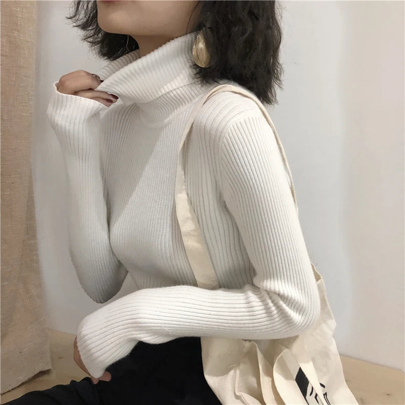 Women's Slim Fit Turtleneck Sweater Style High Stretch Cotton Acrylic Pullover Knitted Jumper Casual Autumn Winter