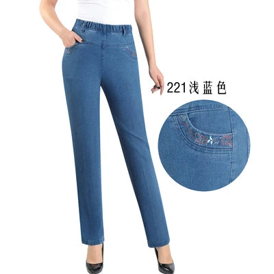 Middle-aged Mother Jeans 2025 Autumn Loose High waist Black Stretch Straight leg pants Pocket Embroidery Casual Denim Trousers