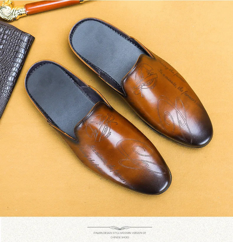 Italian Luxury Men's Slippers Genuine Leather Loafers Men Moccasins Casual Non-slip Man Shoes Summer Fashion Half Shoes For Men
