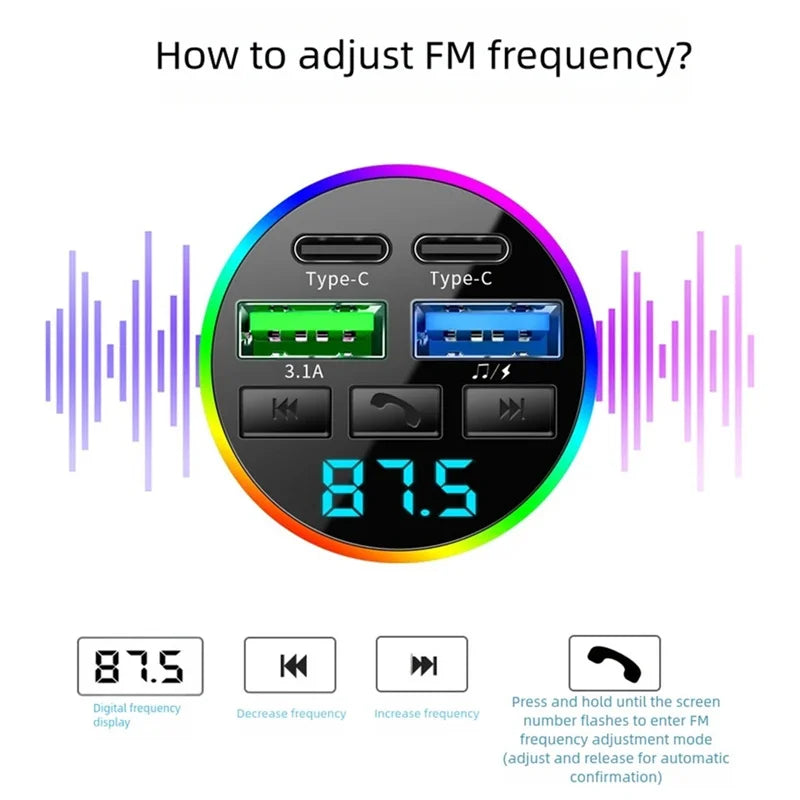 Bluetooth 5.0 FM Transmitter Car USB Quick Charge 4 Ports with Atmosphere Light Hands-Free Call And Music Input