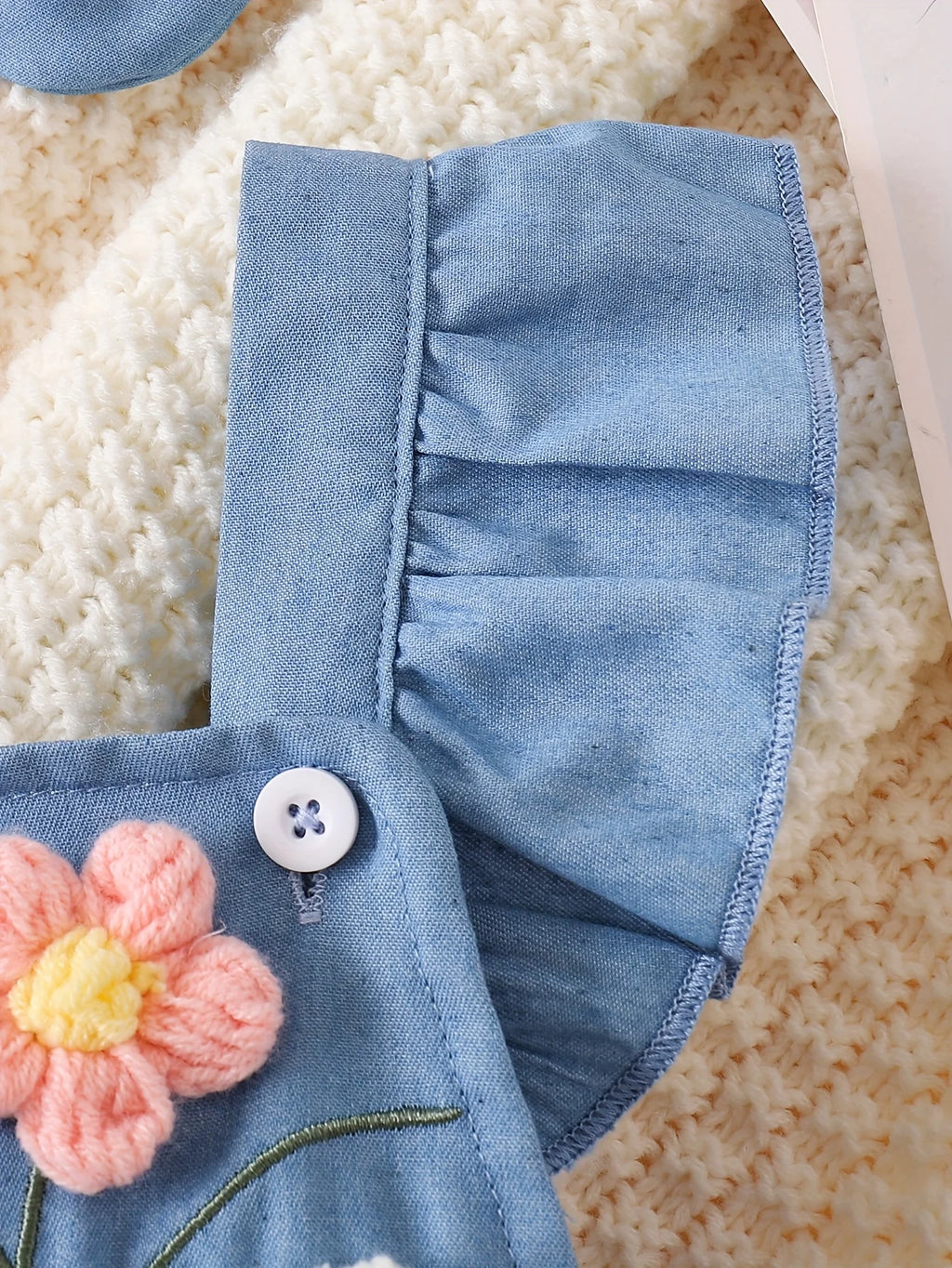 Baby Girl Soft Denim 3D Flower Embroidered Flutter Overall Romper + Bow Headband, Cute 2-Piece Outfit