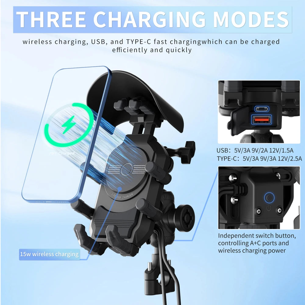 Motorcycle Phone Holder 15W Wireless Charger & 18W USB 30W Type C Fast Charging Motorbike Bicycle Bike Scooter Stand
