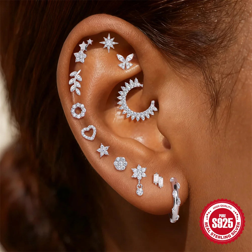 CANNER 1PC Flower Moissanite 925 Sterling Silver Piercing Ear Stud For Women Love Eight-pointed star Stud Earrings Fine Jewelry