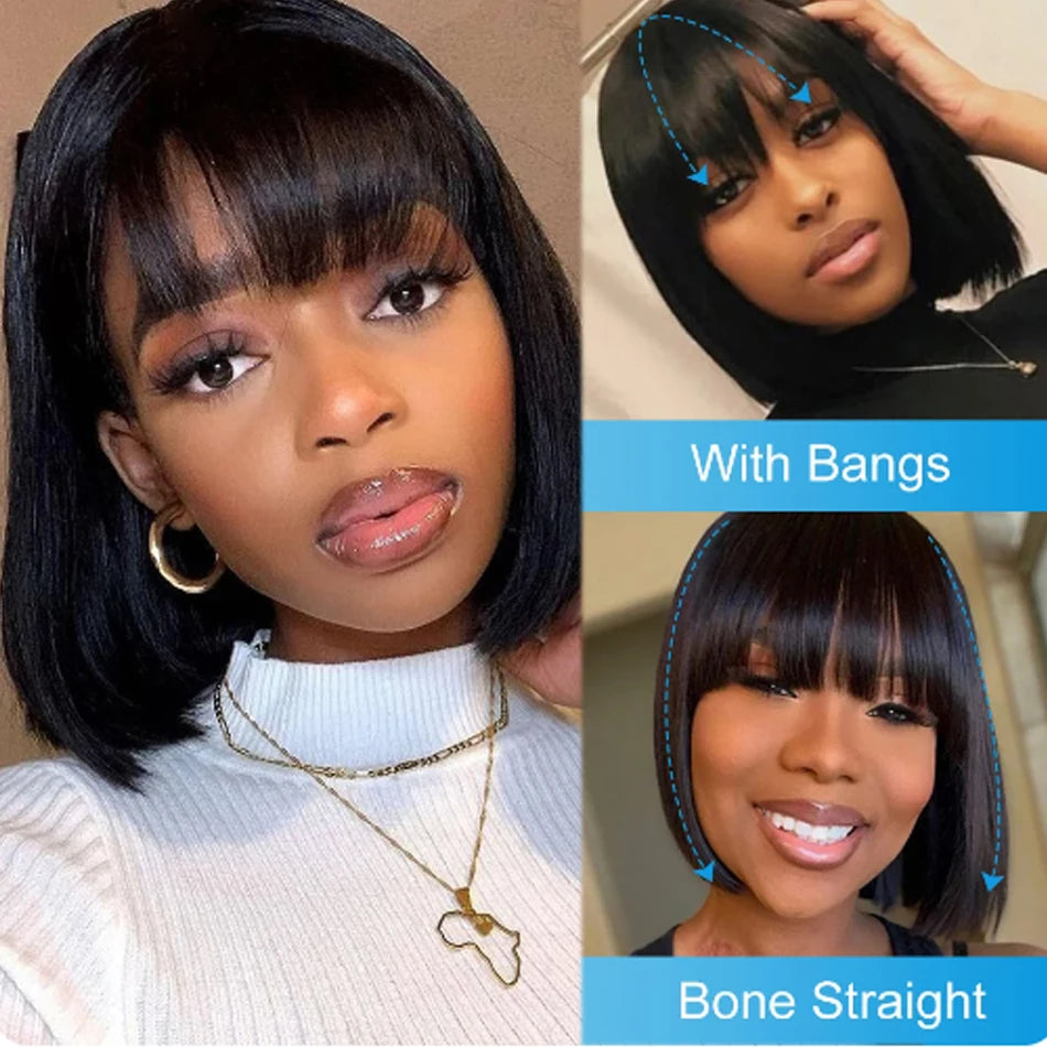 Short Bob Wig With Bangs Straight Human Hair Bob Glueless Wig Human Hair 180% Density Black Color Straight Bang Bob Wig For Women