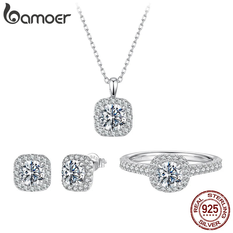 Necklace Stud Earrings 925 Sterling Silver Square Cut Diamond Wedding Engagement Jewelry Set