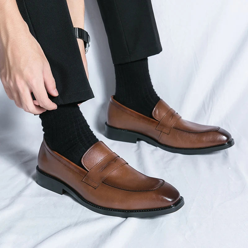 Fashion Penny Loafers Leather Men Shoes Simple Pointed Toe Slip On Dress Business Suit Casual Party Wedding Shoes For Man Brown