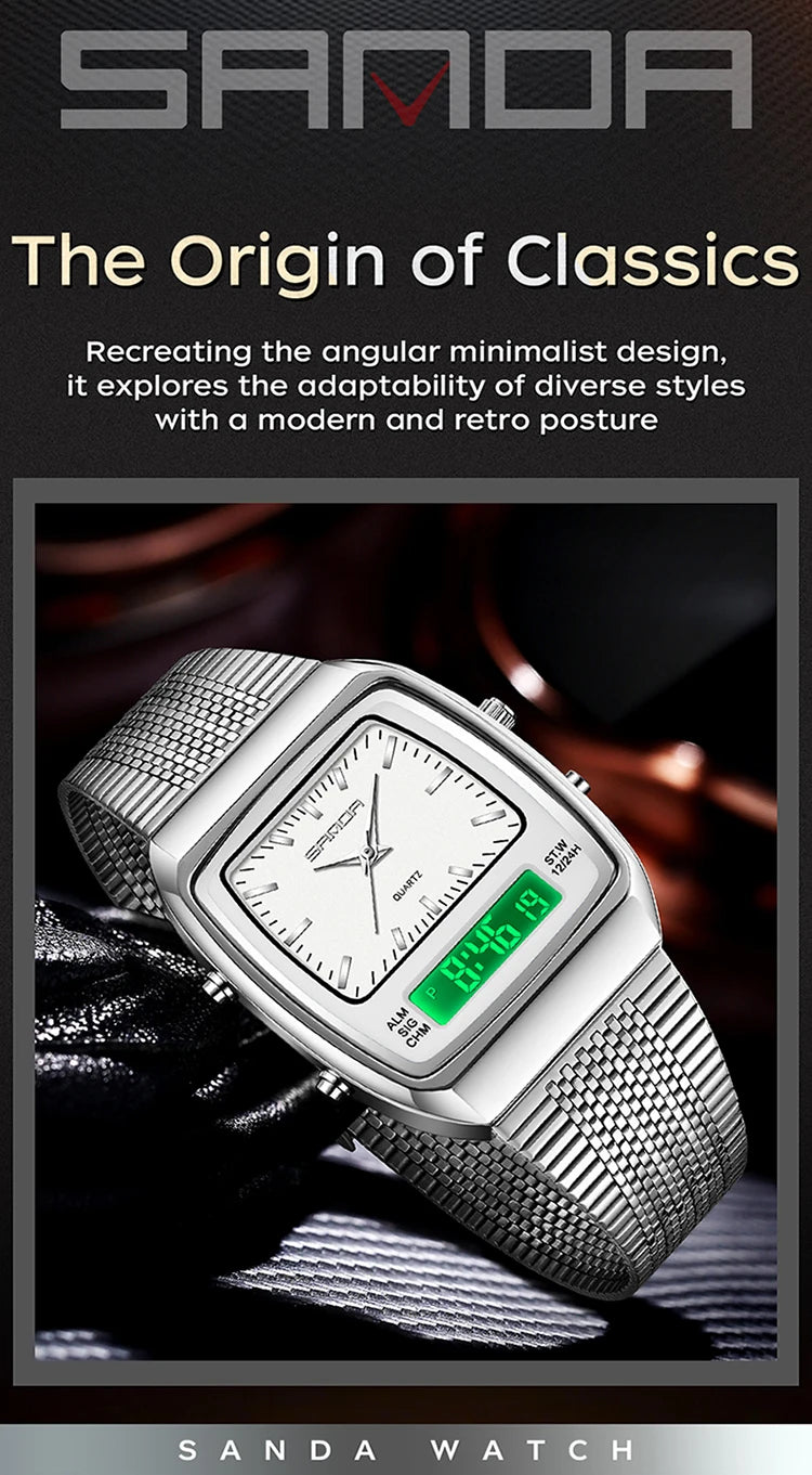SANDA 3393 Men's Electronic Quartz Watch Fashion Multifunction Dual Display Clock Luminous Waterproof Casual Men Digital Watches