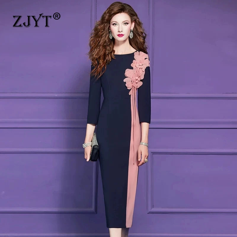 Women's 3D Floral Midi Dress Spring Fashion Pencil Style Casual Daily Three Quarter Sleeve O-Neck Elegantly Formal Party Wear