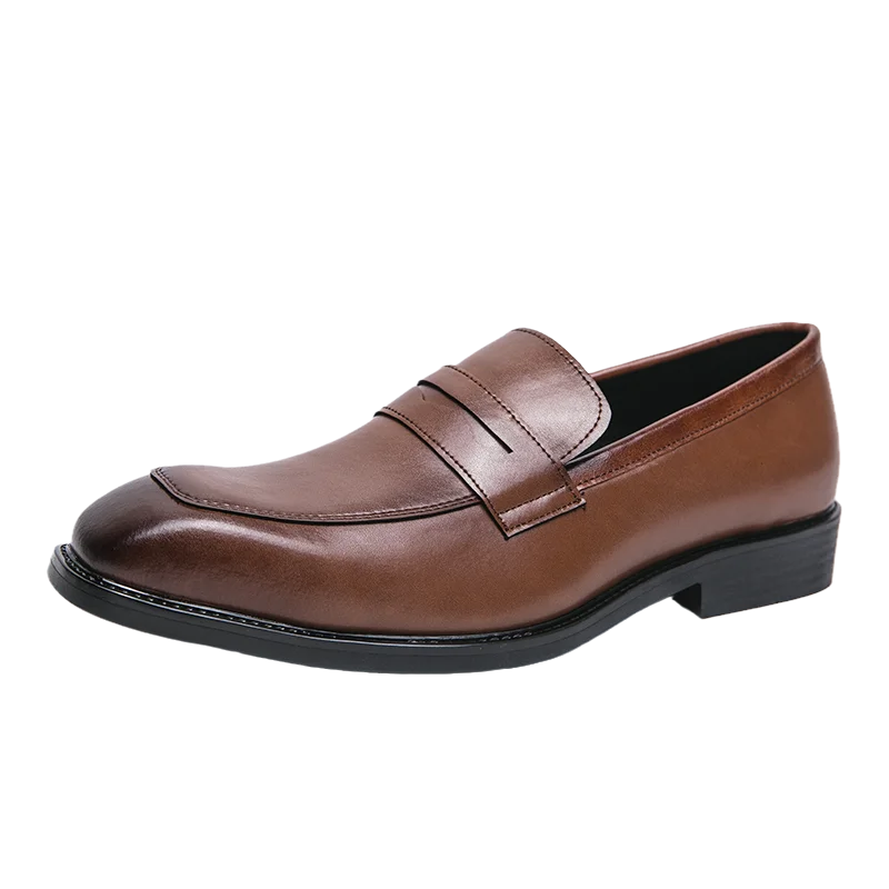 Fashion Penny Loafers Leather Men Shoes Simple Pointed Toe Slip On Dress Business Suit Casual Party Wedding Shoes For Man Brown