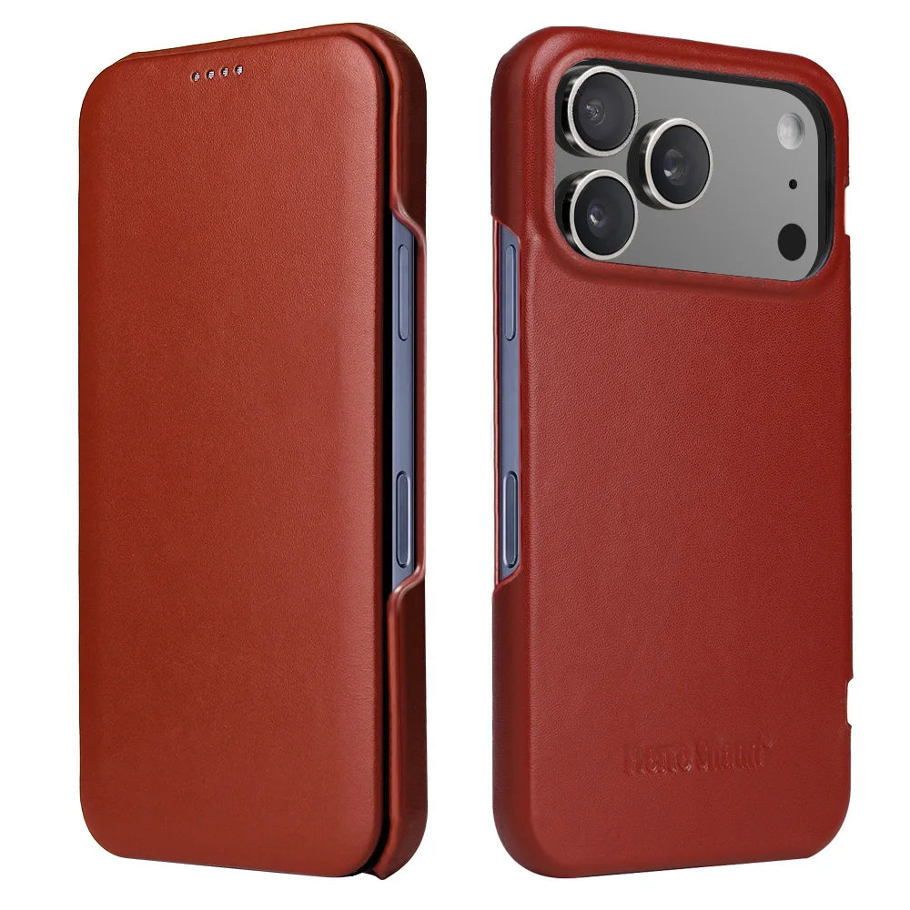Premium Leather Flip Cover Mobile Phone Case For Apple iPhone 17 Pro Max Air iPhone17 Natural Cowhide Magnetic Button Open