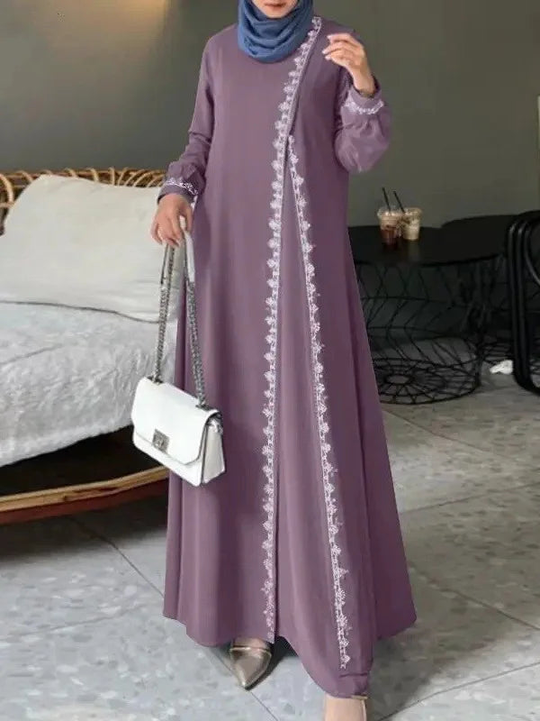 Women's Long Sleeve Lace Robe Muslim Bohemian Style Polyester Abaya Casual Ramadan Spring Vest for Adults Middle Age
