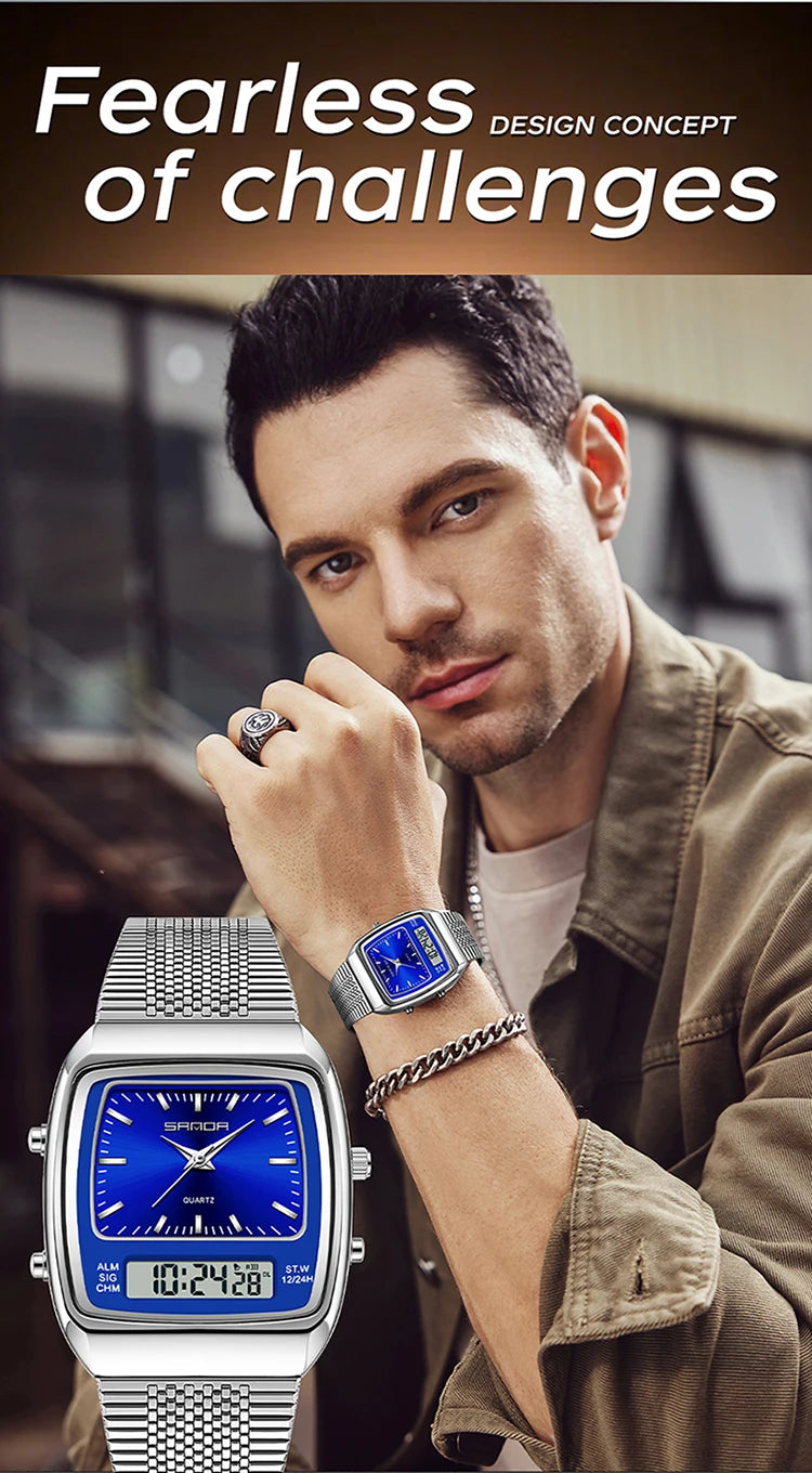 SANDA 3393 Men's Electronic Quartz Watch Fashion Multifunction Dual Display Clock Luminous Waterproof Casual Men Digital Watches
