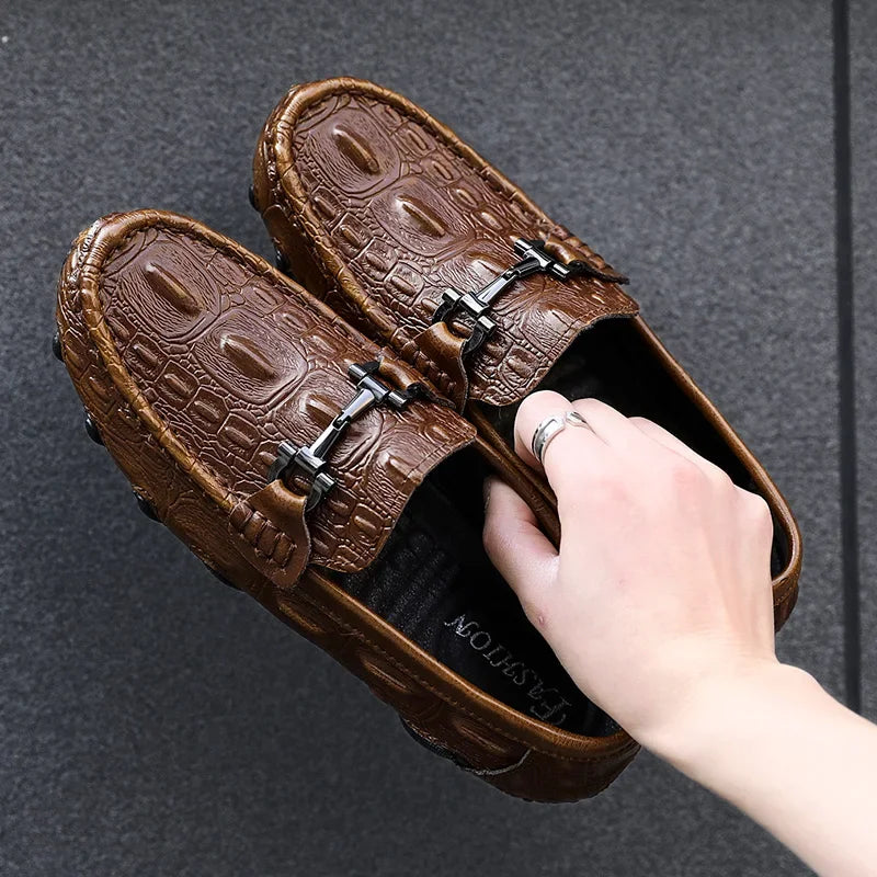 Men Casual Shoes Genuine Leather Crocodile Style Luxury Brand Mens Loafers Moccasins Slip on Black Driving Shoes Plus Size 38-47