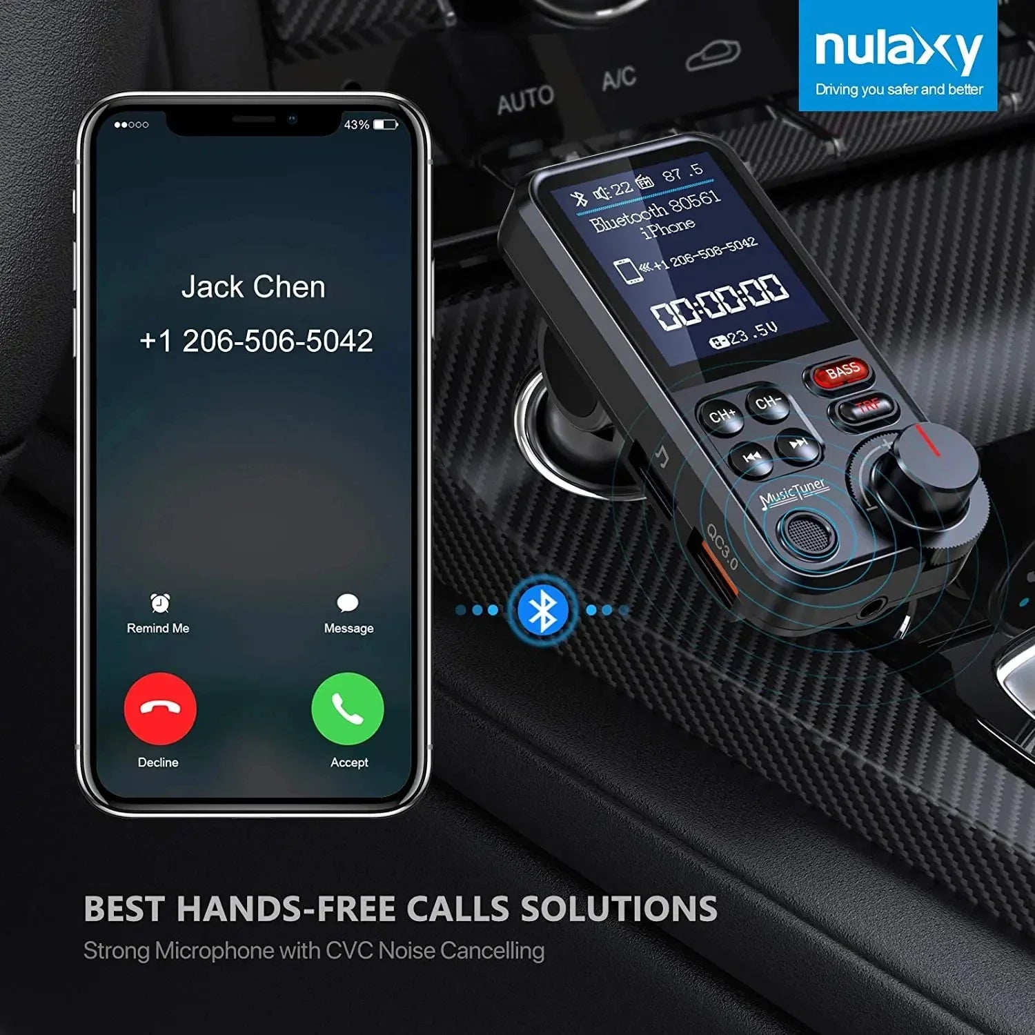 Bluetooth-compatible Car Wireless FM Transmitter Radio Adapter Fast Charging Treble Bass Sound Music Car MP3 Player Aux QC3.0