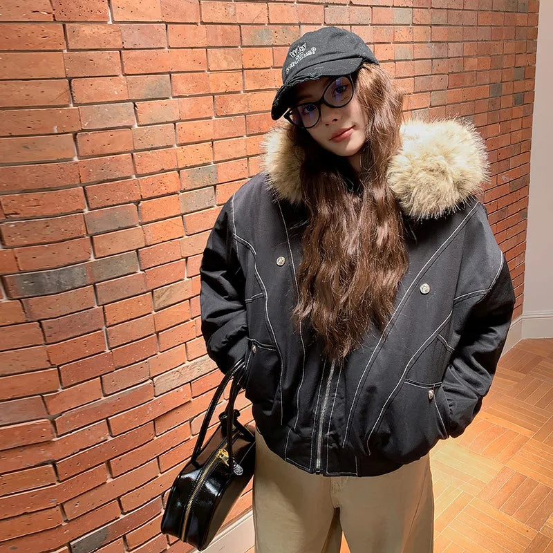 Women Short Parkas Coat Solid Jacket Big Fur Collar Hooded Zipper Pocket Long Sleeve Loose Casual Office Lady 2025 Autumn Winter