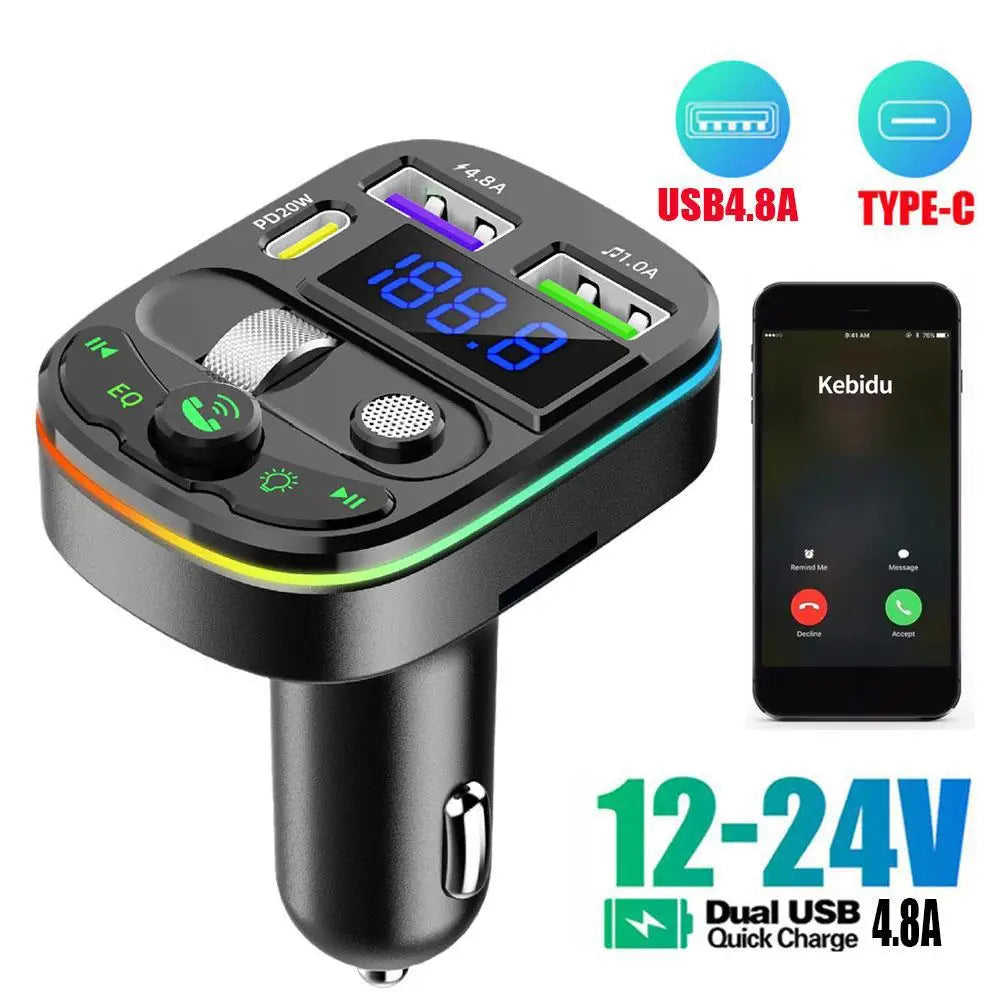 Bluetooth 5.3 FM Transmitter Handsfree Car AUX Radio Modulator MP3 Player with PD20W 12V-24V Fast Charge Adapter Car Accessories