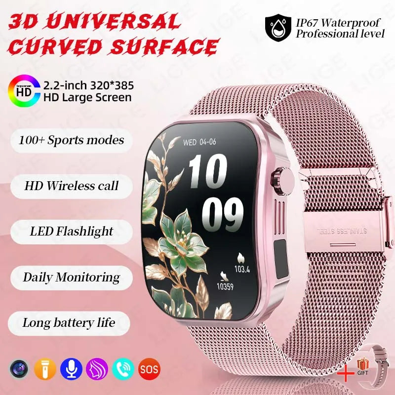 New 2.2-inch AMOLED Screen Smart Watch Women LED Light Health Monitor Smartwatch Bluetooth Call Sports Fitness Ladies Watch