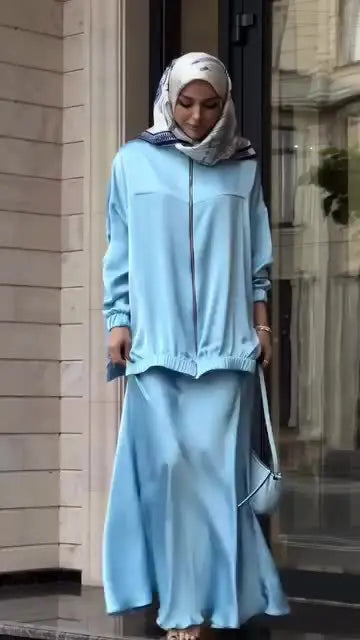 Muslim Dress Satin 2 Piece Set Women Party Abaya Musulman Ensembles Arab Long Robe Dubai Kaftan Vestidos Jalabiya Ramadan Eid